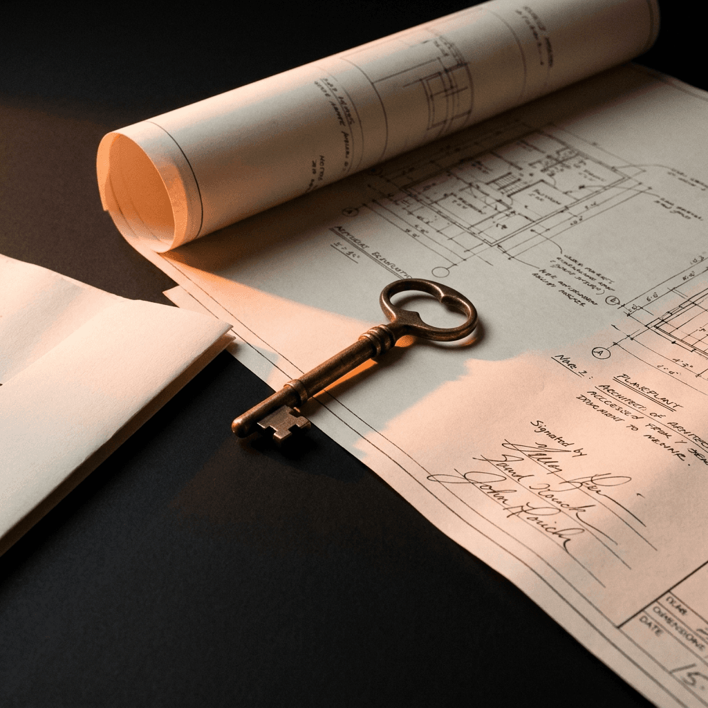 Clé en laiton posée sur un plan d'architecte