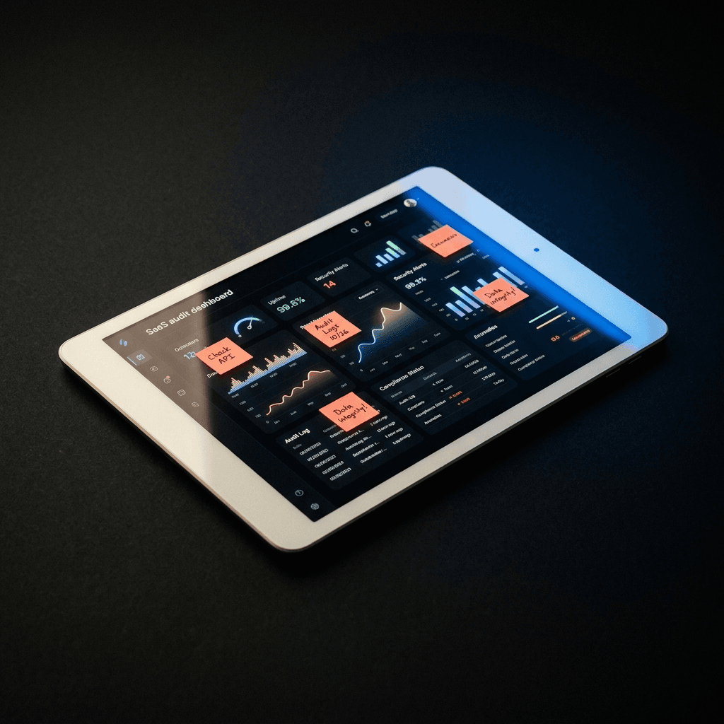 Tablette affichant un dashboard d'audit SaaS dans une main, ambiance studio sombre