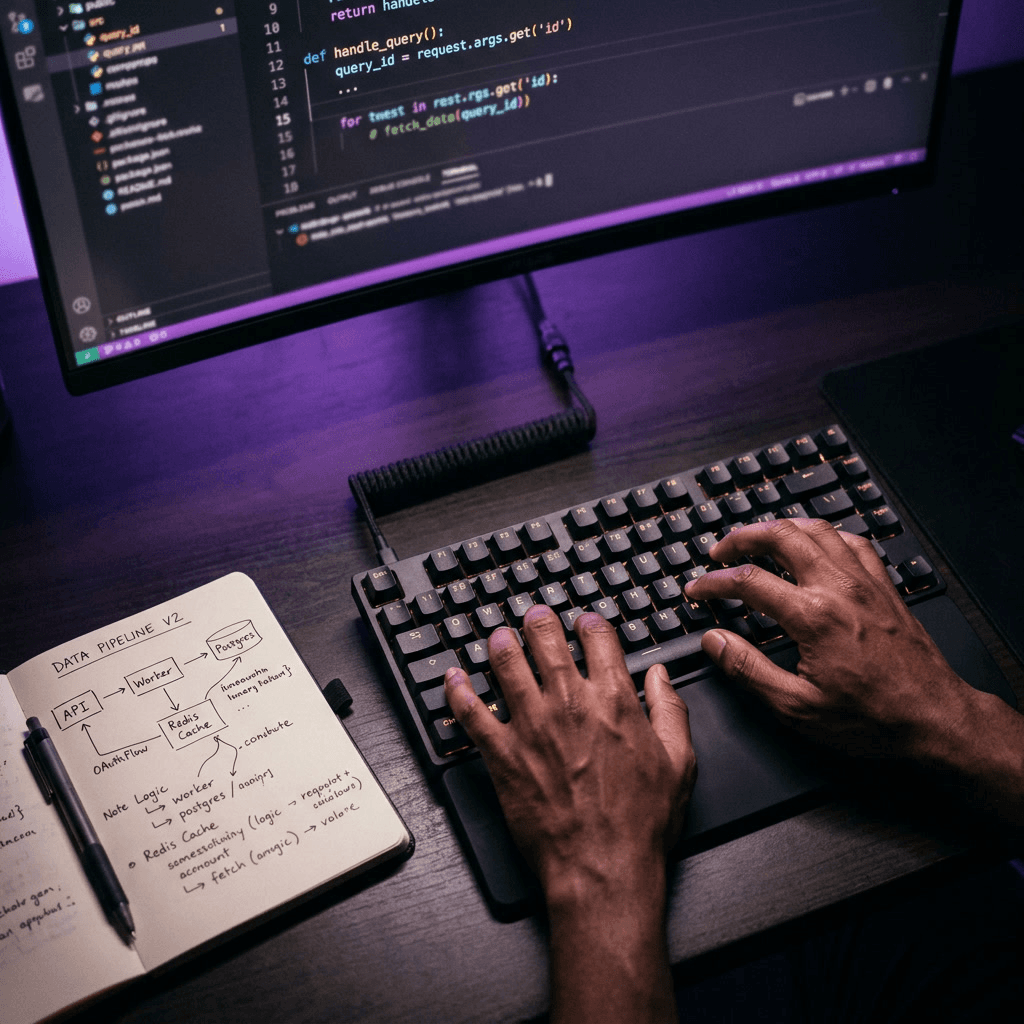 Développeur au travail sur un écran de code et un dashboard métier custom