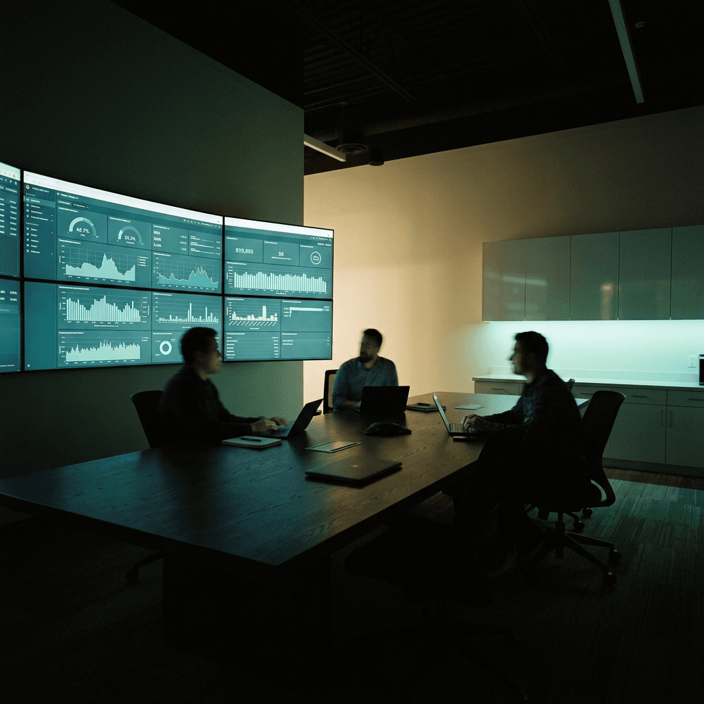 Trois professionnels en salle de réunion devant un grand écran de dashboard