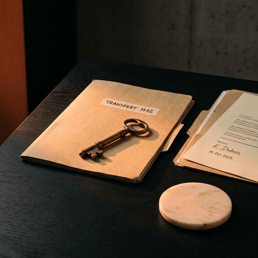 Dossier 'Source Code Transfer' posé sur un bureau avec un laptop affichant un dépôt Git